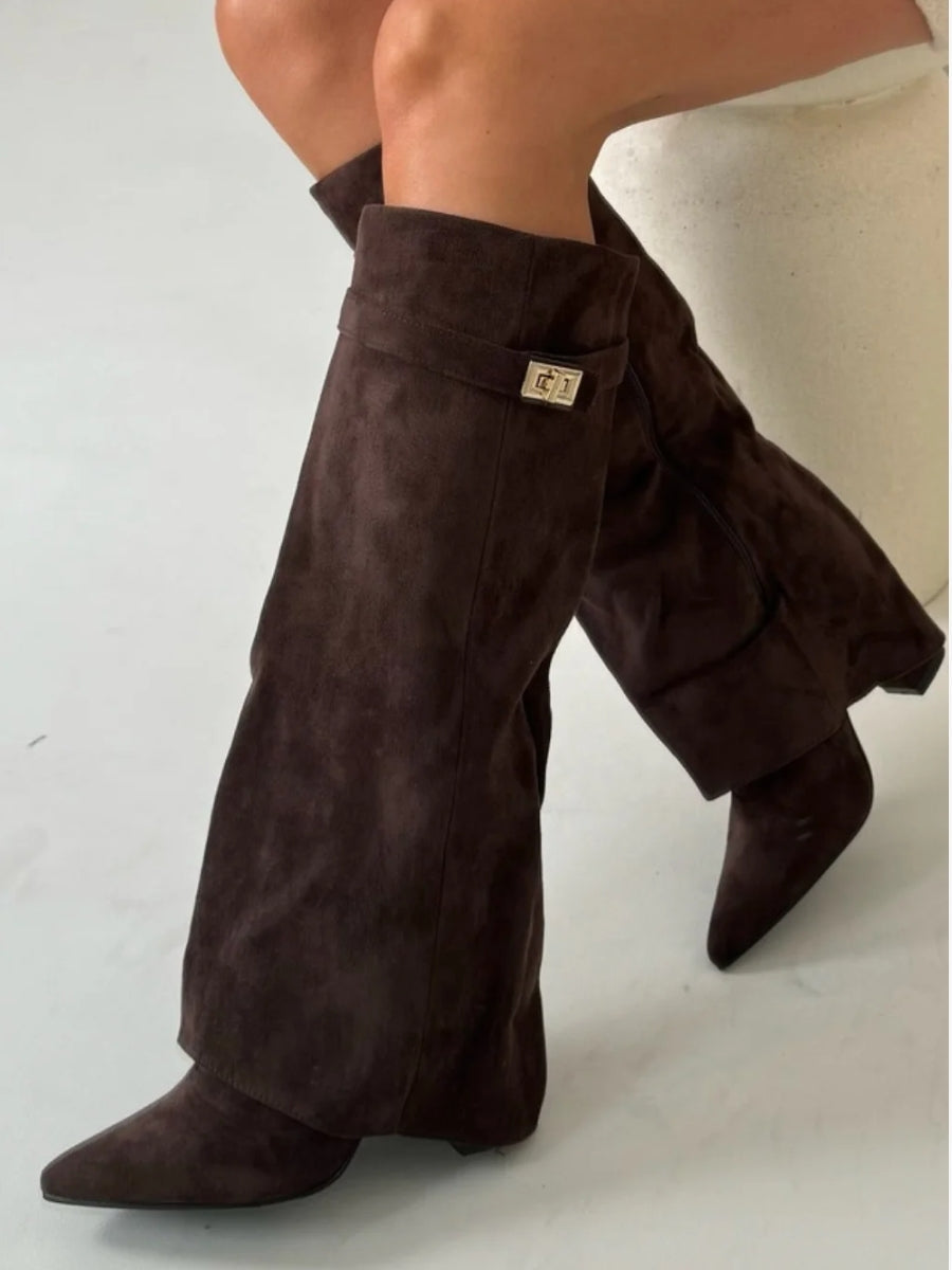Pointed Toe Winter Knee High Boots with Fold Over Shaft for Women