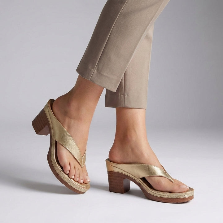 Block heel thong sandals with platform sole in Champagne, front view