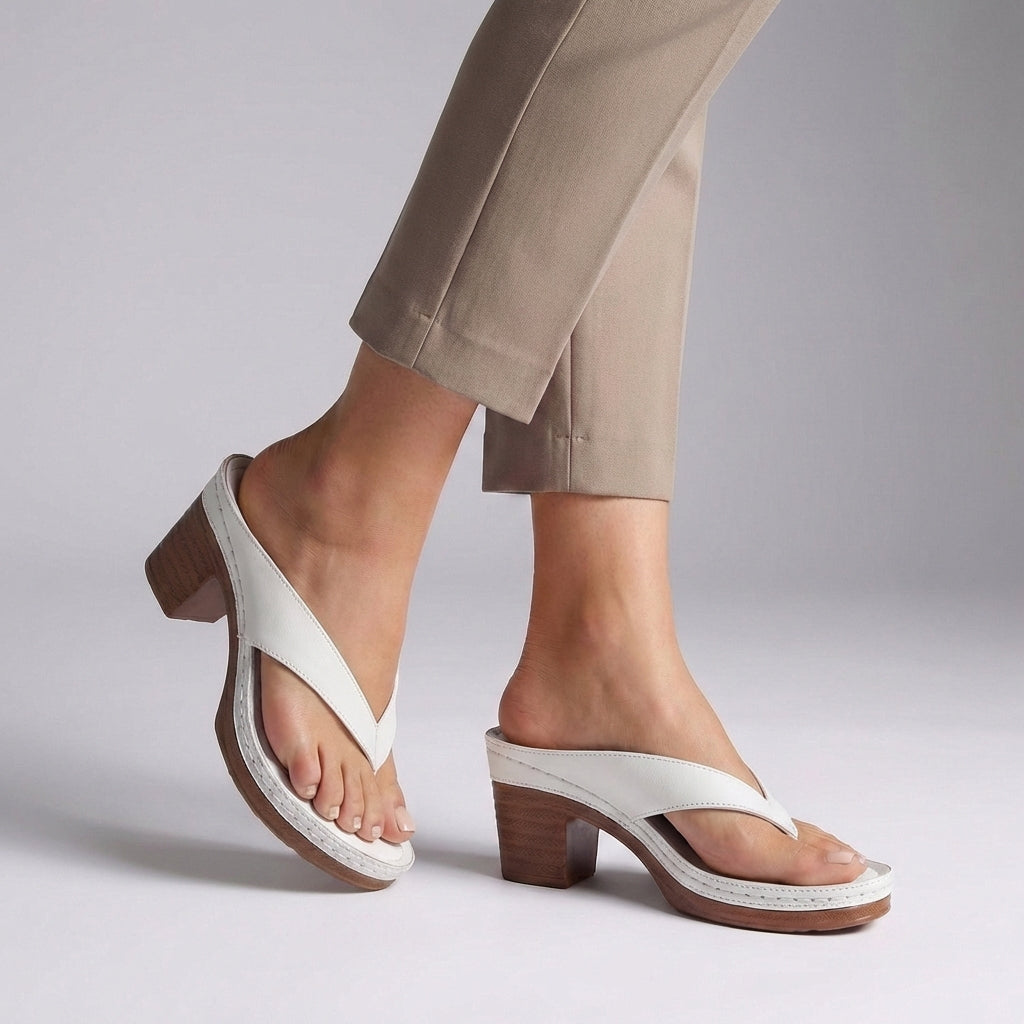 Block heel thong sandals with platform sole in White, front view