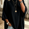 Relaxed Batwing Sweater with Ribbed Round Neck and Side Slits for Women