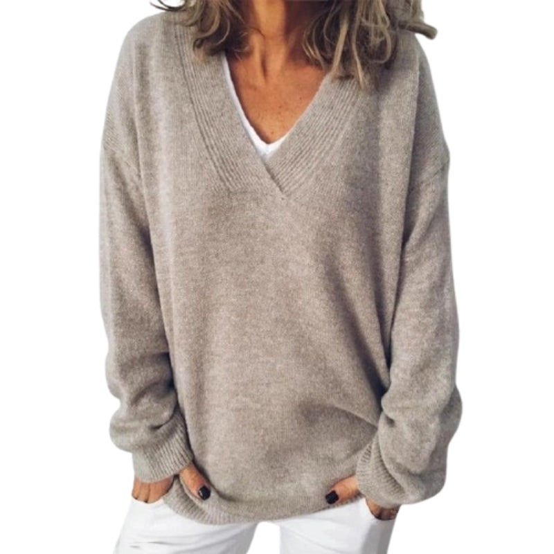 Anwen | Women's Relaxed Fit V-Neck Knit Sweater - Taupe - Image 2
