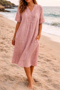 Grace - Relaxed Linen Midi Dress with V Neck for Wedding Guest Attire
