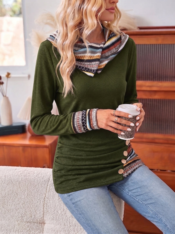 Relaxed Patchwork Trim Cowl Neck Hoodie with Side Ruching for Women