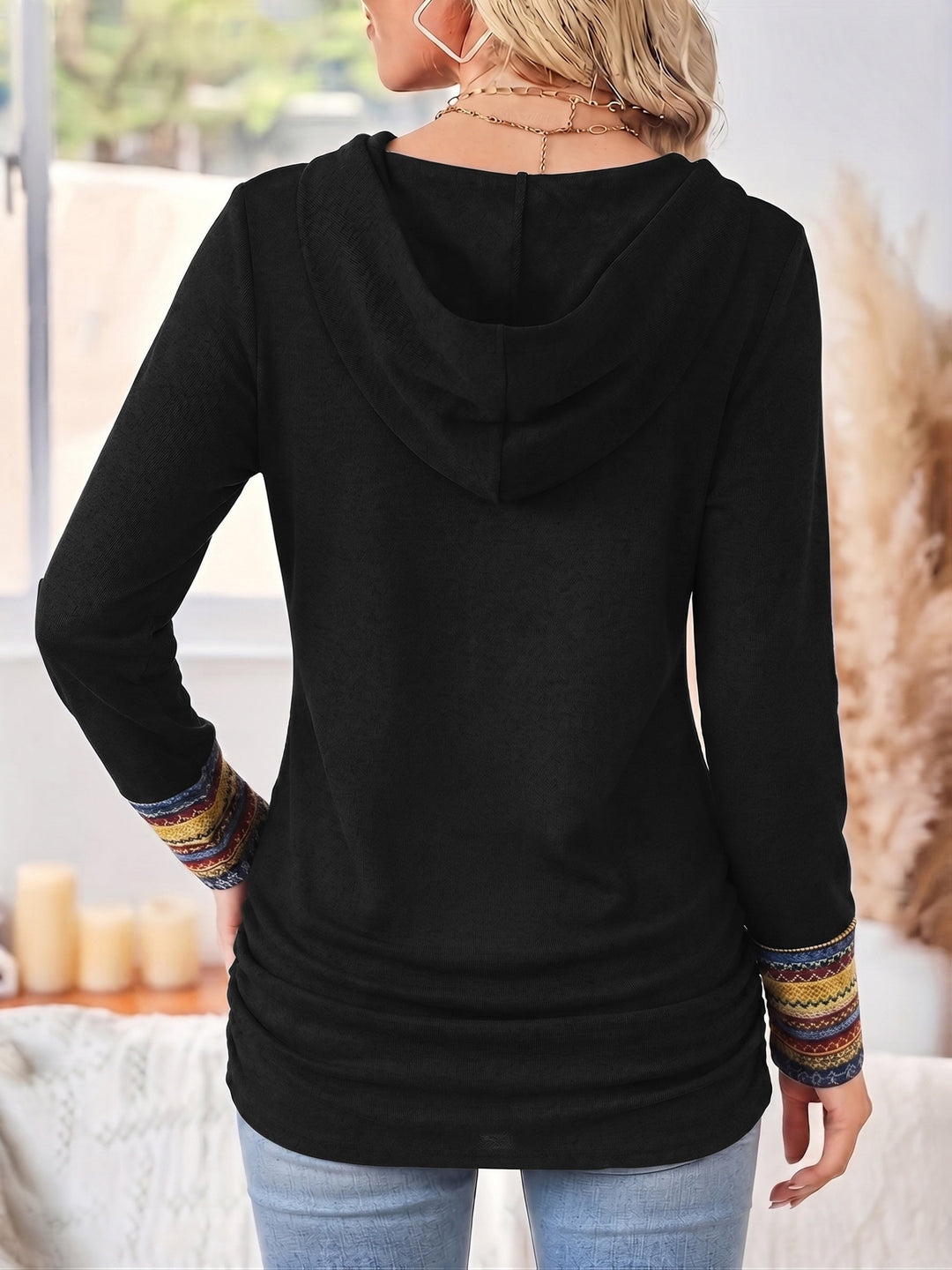 Relaxed Patchwork Trim Cowl Neck Hoodie with Side Ruching for Women