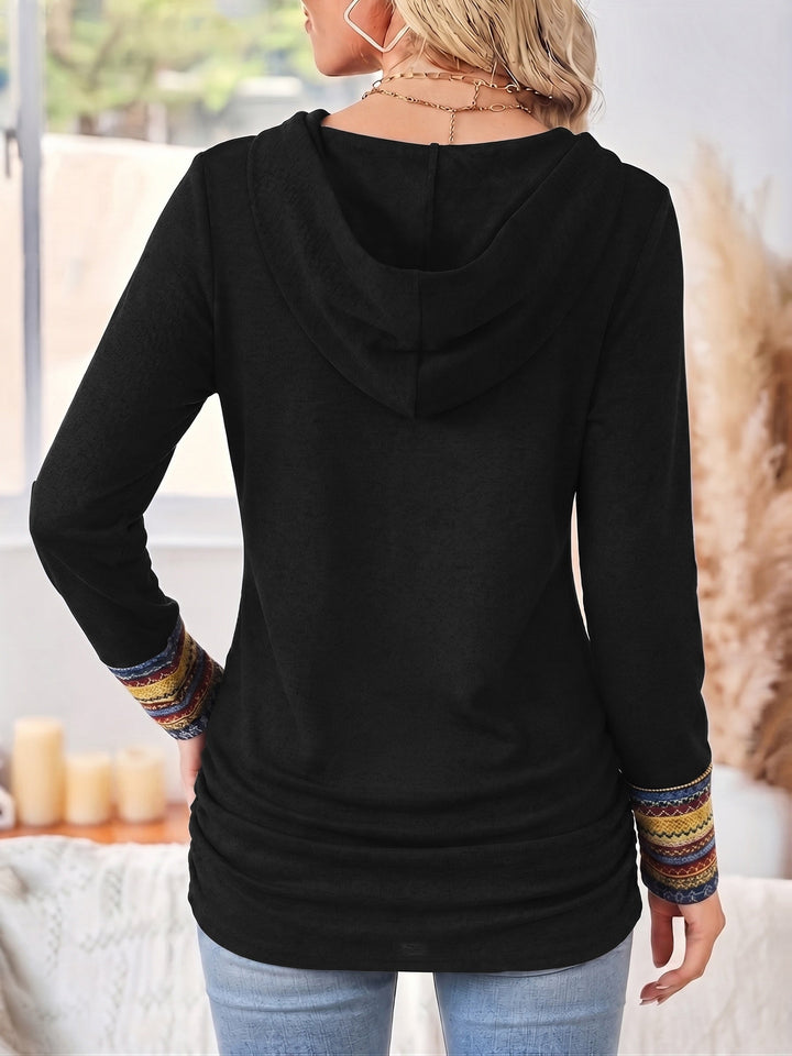 Relaxed Patchwork Trim Cowl Neck Hoodie with Side Ruching for Women
