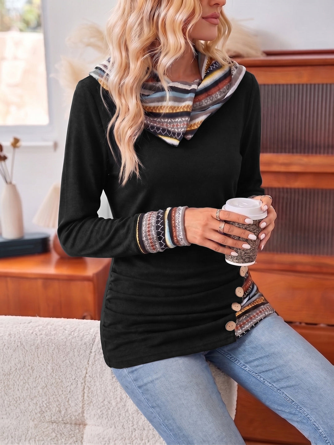 Relaxed Patchwork Trim Cowl Neck Hoodie with Side Ruching for Women