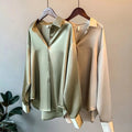 Relaxed Satin Button-Up Blouse with Point Collar and Long Cuffs for Women