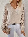 Olivia - Women's Relaxed V-Neck Sweater Featuring Crochet Sleeves