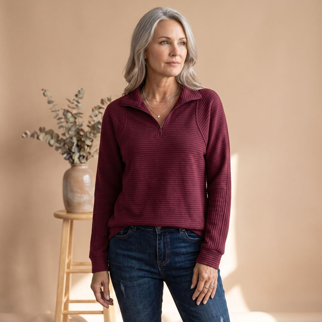 Ribbed Half-Zip Pullover Sweater with Stand Collar for Women