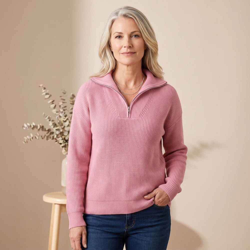 Ribbed Half-Zip Pullover Sweater with Stand Collar for Women