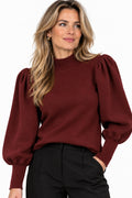 Ribbed Knit Puff Sleeve Sweater with High Neck and Cuffed Wrists for Women