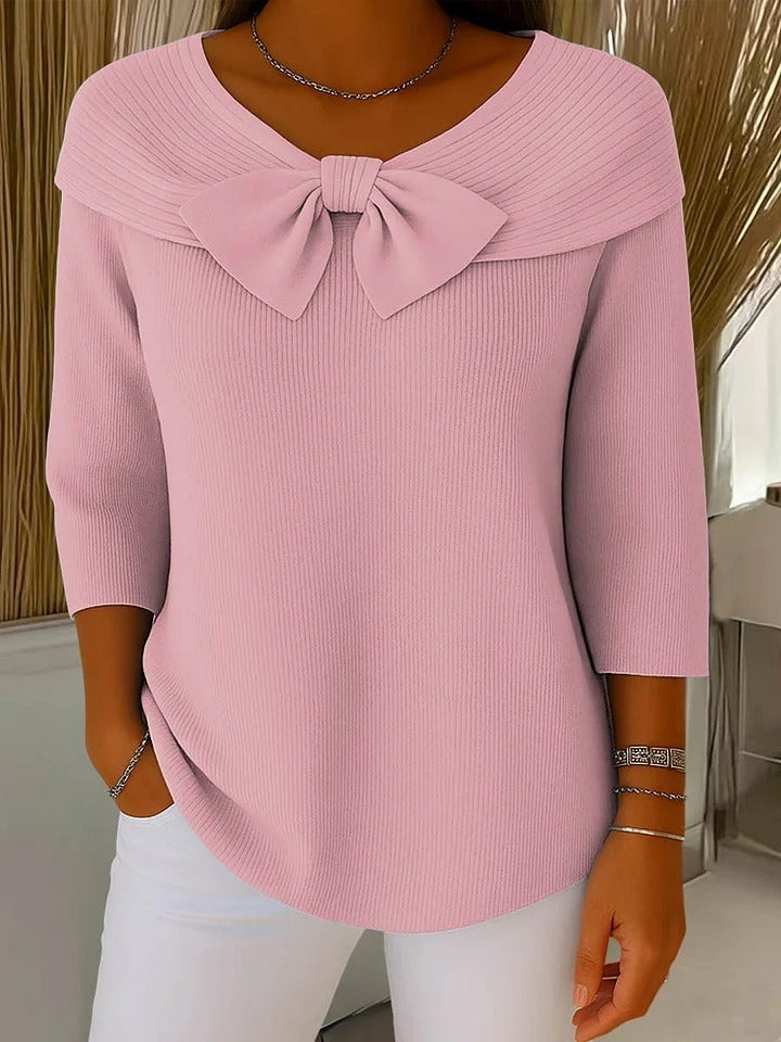 Cordwyn | Women's Bow Detail Ribbed Knit Sweater - Sky Blue - Image 2