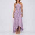 Ruched One-Shoulder Maxi Dress with Ruffles and Hi-Lo Hem