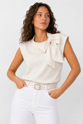 Satin Bow Blouse with Tie Neck and Short Pleated Sleeves for Women