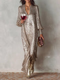 Sequin Maxi Dress with Deep V-Neck and Long Sleeves for Women