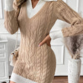 Slim Cable-Knit Collared Sweater Dress with Contrast Cuffs for Women