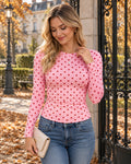 Slim Stretch Polka Dot Top with Crew Neck and Long Sleeves for Women
