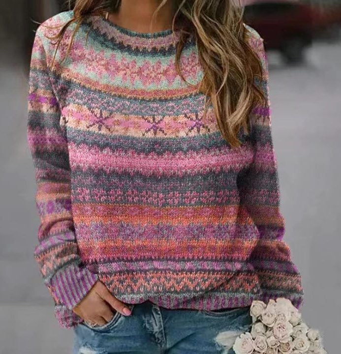 Fair Isle Oversized Crew Neck Sweater for Women - Rot