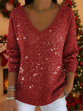 Sparkling Glitter V-Neck Sweater with Long Sleeves for Women