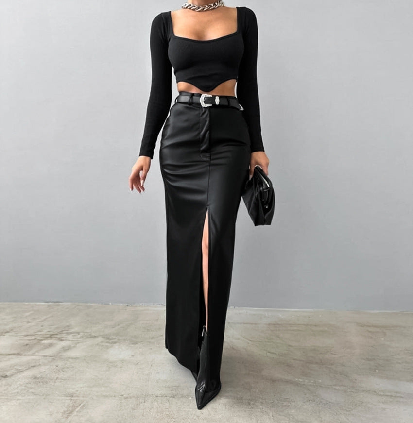 Stretch High-Waisted Maxi Skirt with Front Slit and Belt Loops for Women