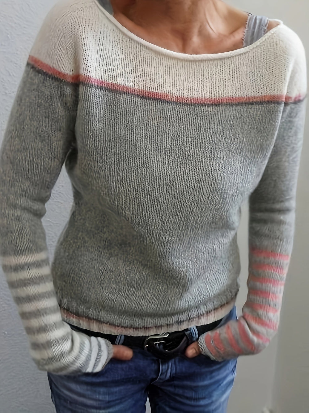 Tavitha | Women's Striped Boat Neck Knit Sweater - Grey - Image 2