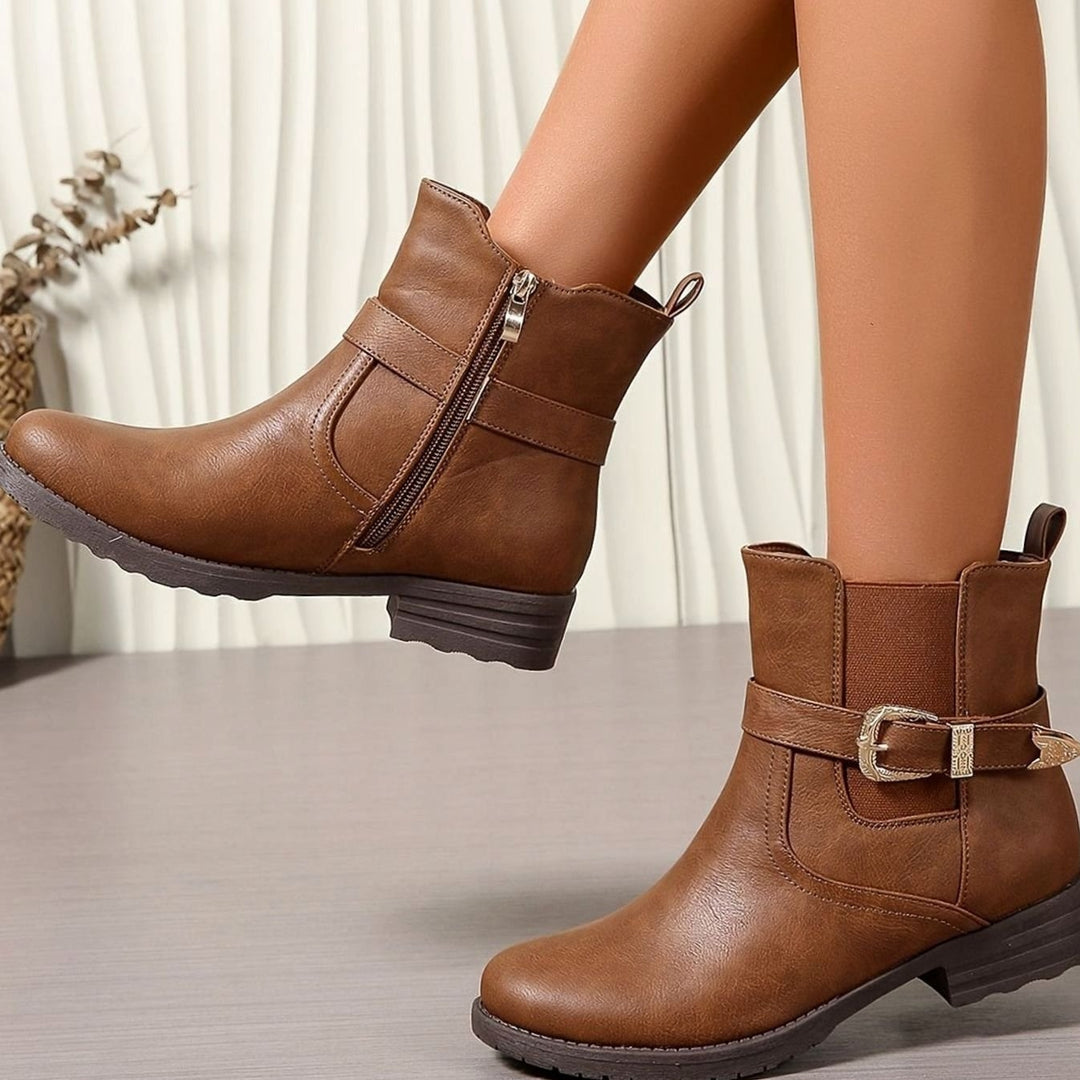 Structured Western Buckle Chelsea Ankle Boots with Block Heel for Women