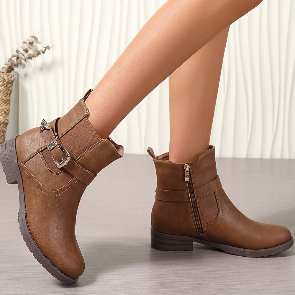 Structured Western Buckle Chelsea Ankle Boots with Block Heel for Women