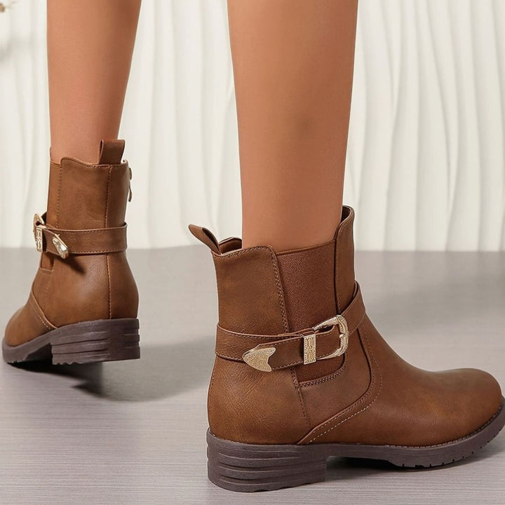 Structured Western Buckle Chelsea Ankle Boots with Block Heel for Women