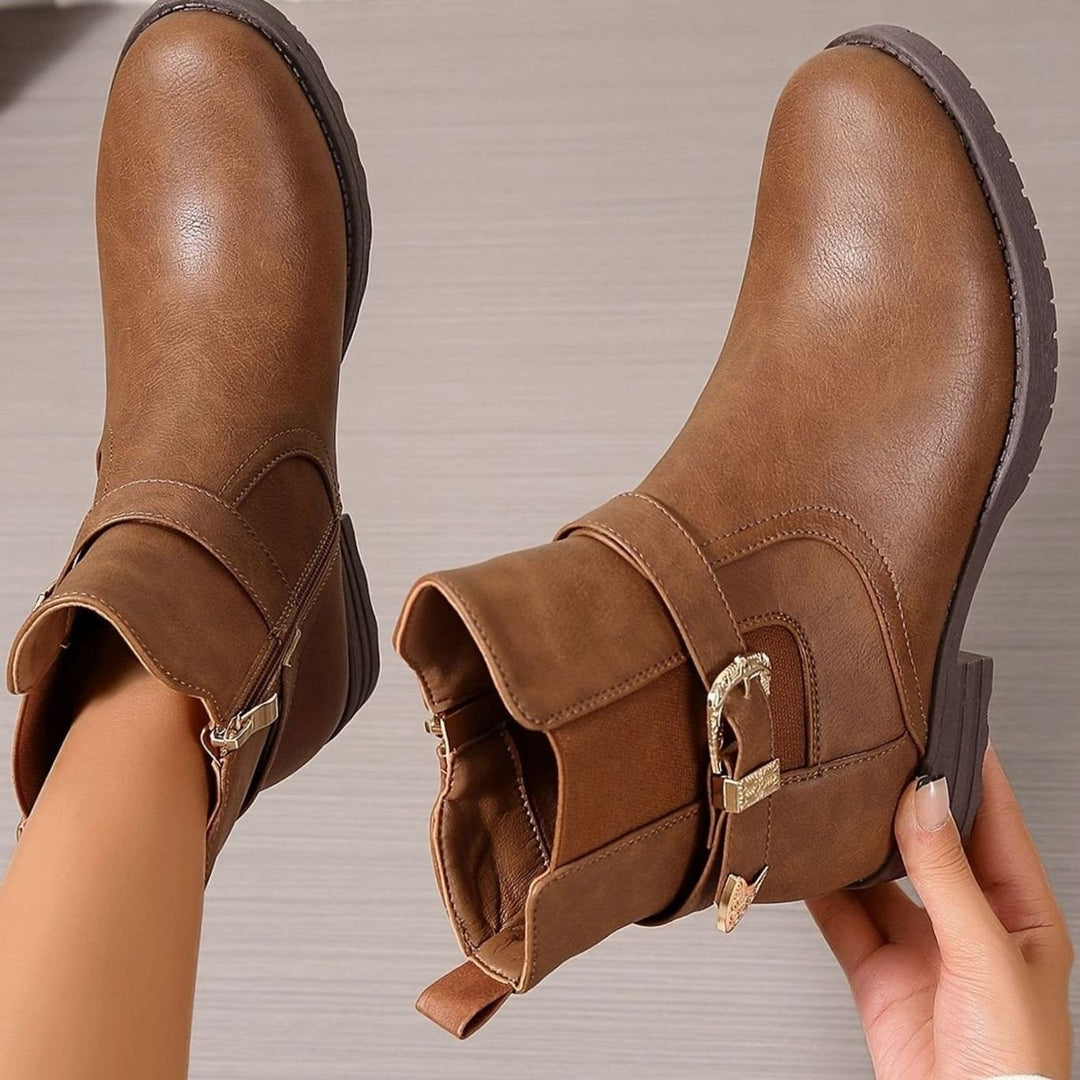 Structured Western Buckle Chelsea Ankle Boots with Block Heel for Women