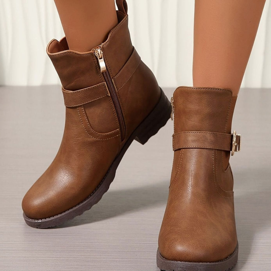Structured Western Buckle Chelsea Ankle Boots with Block Heel for Women