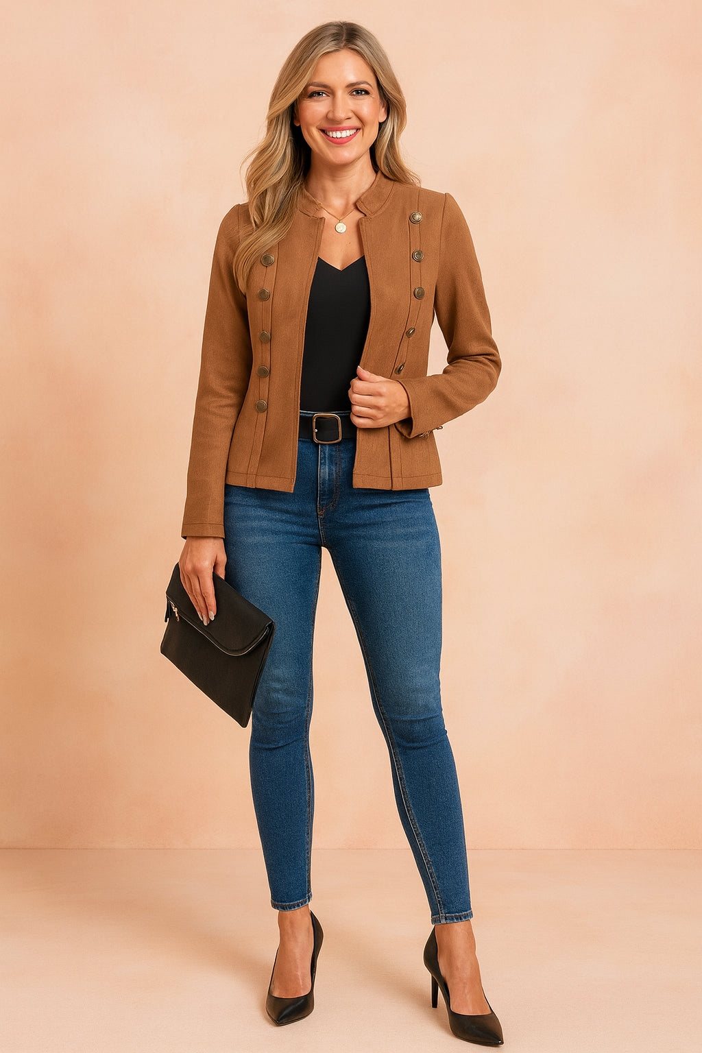 Tailored Cropped Double-Breasted Jacket with Stand Collar for Women