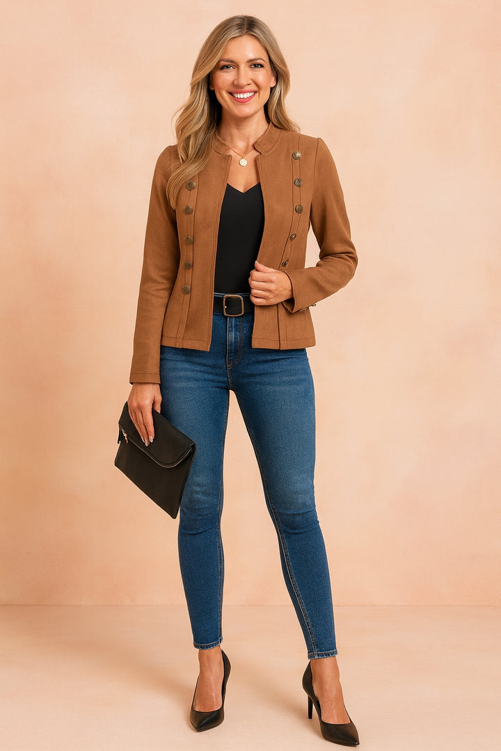 Tailored Cropped Double-Breasted Jacket with Stand Collar for Women