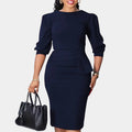 Tailored Peplum Midi Dress with Panelled Bodice and Puff Sleeves for Women