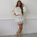 Uma - Lace Trim Pleated Mini Skirt Casual Wear Knit