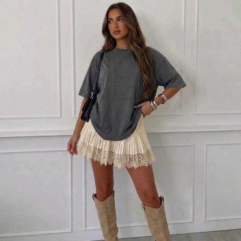 crème geplooide mini rok met kant en elastische taille