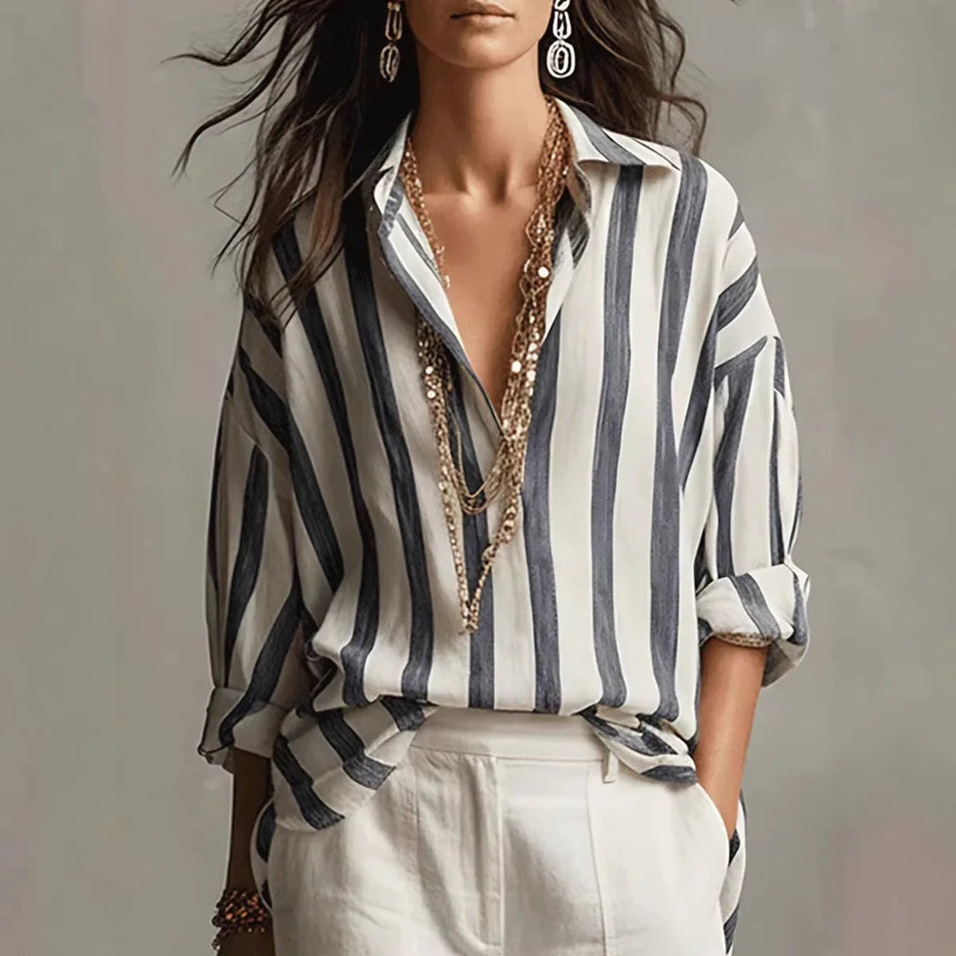 Streifen Bluse Damen | Oversize &amp; V-Ausschnitt – Lässige Langarmbluse