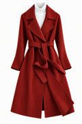 Warm Longline Wool Wrap Coat with Notch Lapels and Tie Belt for Women