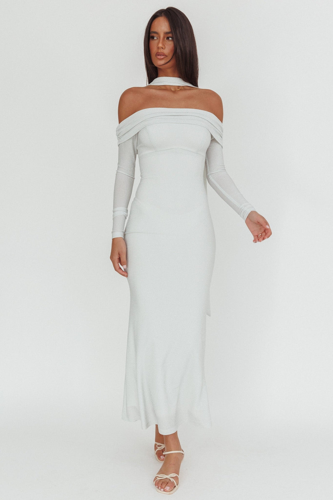 Flutters Off-Shoulder Long Sleeve Maxi Dress White by Selfie Leslie