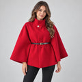 Women's Belted Cape Coat with High Neck and Batwing Sleeves