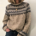 Women's Chunky Fair Isle Knit Sweater with Patterned Yoke and Ribbed Neck