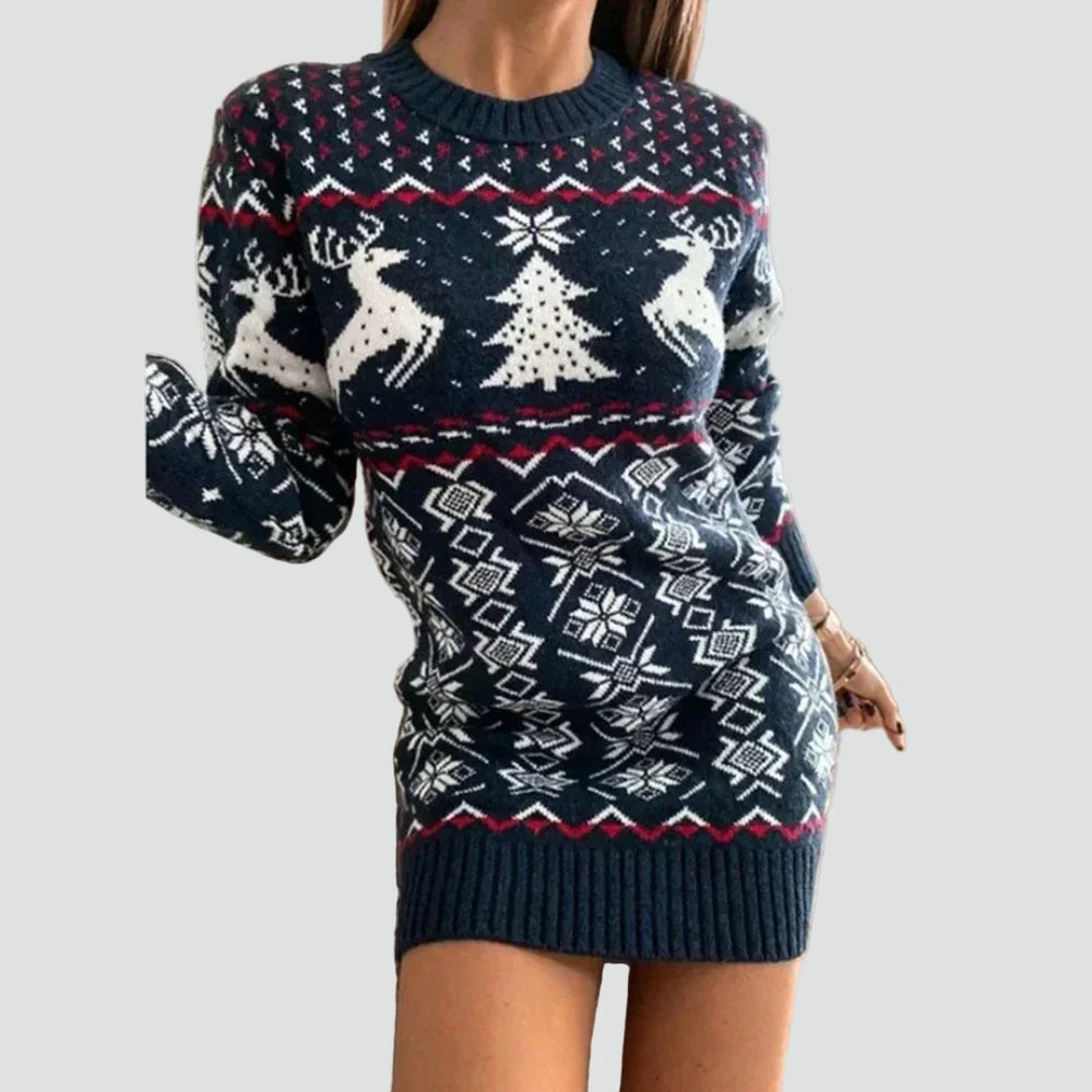 Women's Cozy Knit Christmas Sweater Dress with Reindeer Fair Isle Print