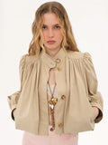 Women's Cropped Bomber Jacket with Puff Sleeves and Button Front