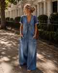 Women's Cropped Relaxed Denim Playsuit with V-Neck and Short Sleeves
