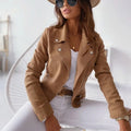 Women's Cropped Suede Moto Jacket with Angled Zip and Button Placket