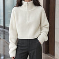 Women's Soft Cropped Half-Zip Sweater with Tall Collar and Ribbed Cuffs