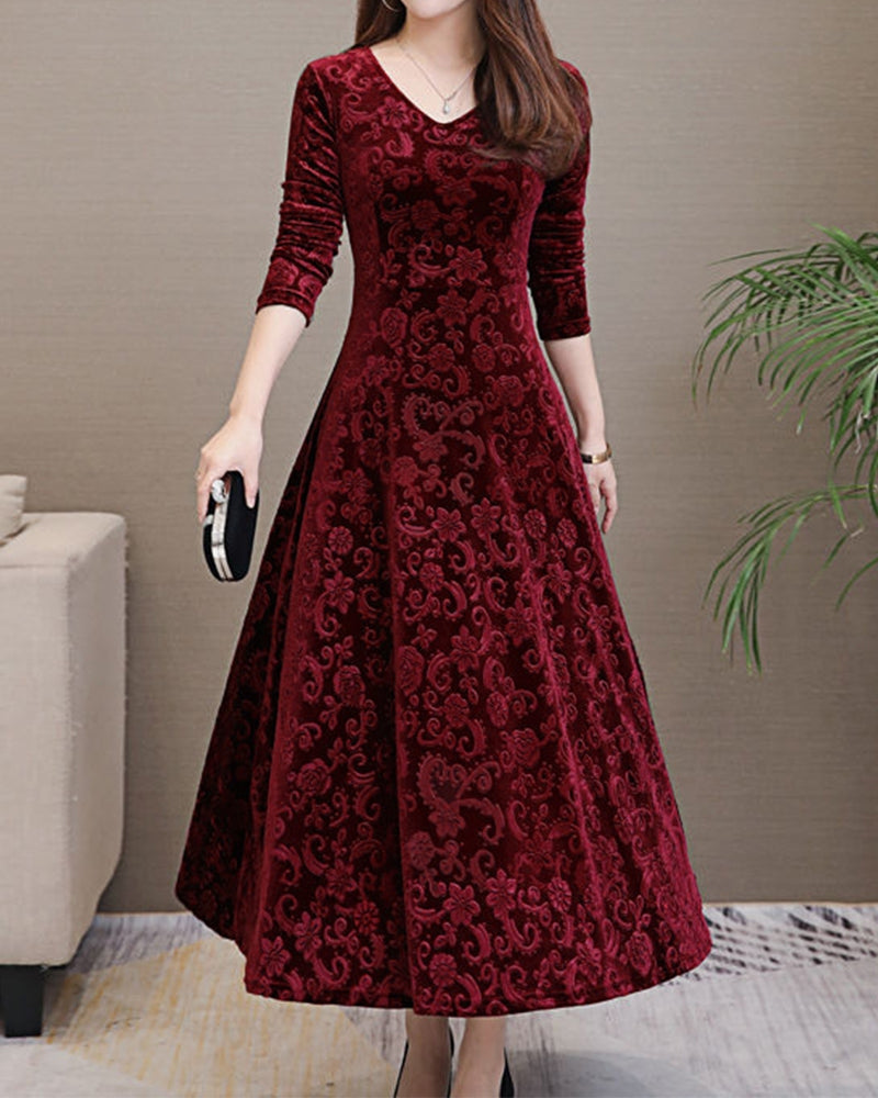 Women's Elegant Velvet A-Line Midi Dress with V-Neck and Long Sleeves