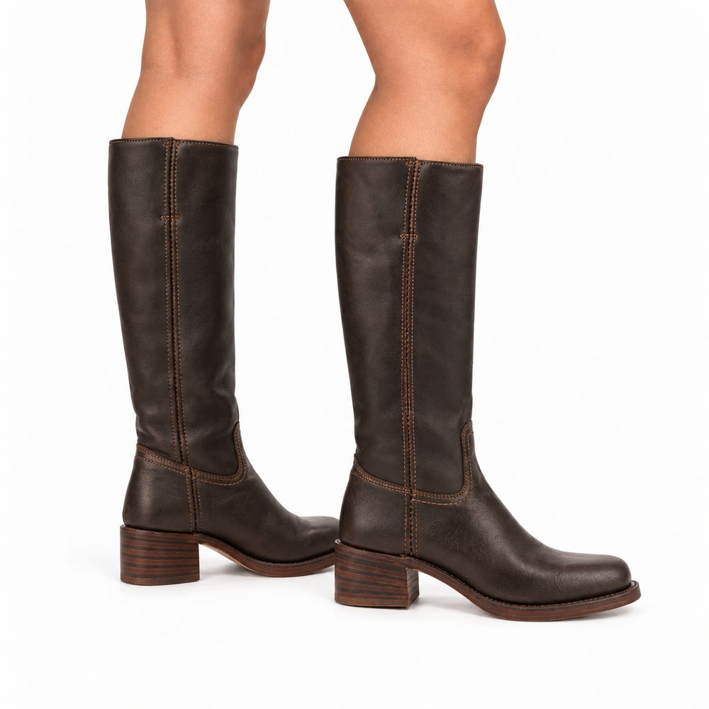 Women's Faux-Leather Autumn Winter Western Knee-High Boots with Block Heel