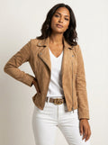Women's Faux Suede Biker Jacket with Asymmetric Zip and Notched Lapels