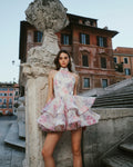 Women's Fitted Date Night Halter Mini Dress with Open Back and Ruffle Skirt