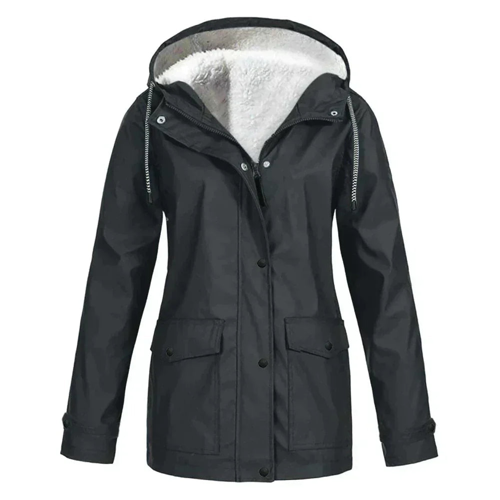 Women's Fleece-Lined Waterproof Rain Jacket with Hood and Flap Pockets